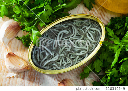 Pickled angoulas in tin can. Spanish cuisine Pickled angoulas in tin can. Spanish cuisine 118310649