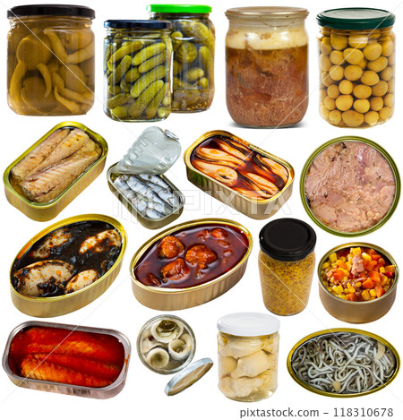 Collage of canned products on white background 118310678