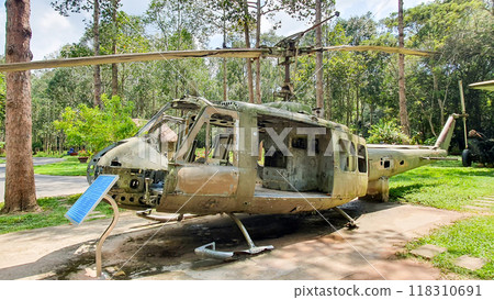 Bell UH-1 Iroquois Helicopter Exhibition At Cu Chi Tunnels Relic Site In Ho Chi Minh City, Vietnam. 118310691