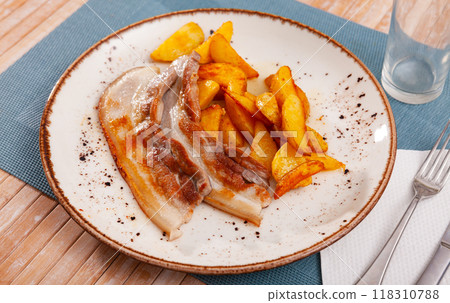 Fried pork belly with potato, homemade dinner Fried pork belly with potato, homemade dinner 118310788