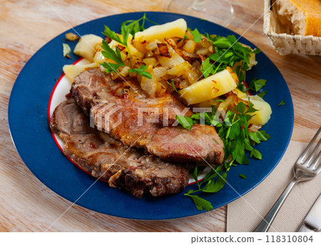 Appetizing fried pork with potatoes and herbs Appetizing fried pork with potatoes and herbs 118310804