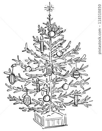 Christmas tree line drawing illustration, 1 color 118310850