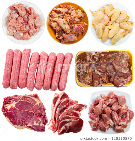 Various raw meat products isolated on white background Various raw meat products isolated on white background 118310870