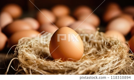 Farm-Fresh Eggs on Rustic Straw and Burlap Background - Generative AI 118310894