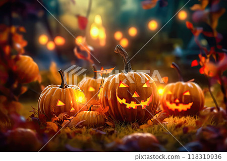 Haunted Pumpkin Cluster with Glowing Eyes - Halloween Concept - Generative AI 118310936