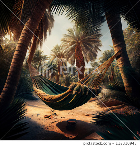 Romantic cozy hammock in the shadow of the palm on the tropical beach by the sea - Generative AI Romantic cozy hammock in the shadow of the palm on the tropical beach by the sea - Generative AI 118310945