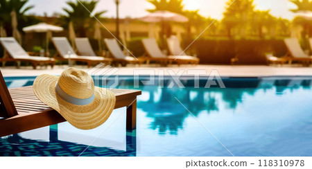 Relax in style: a straw hat and a sun lounger that floats right into the blue water of a modern hotel pool - Generative AI 118310978