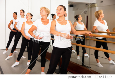 Latino woman rehearsing ballet dance in studio 118311282
