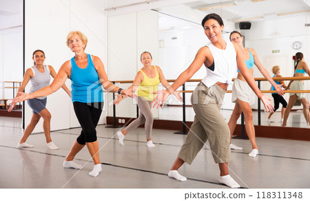 Group of active women practicing energetic dance in a studio 118311348