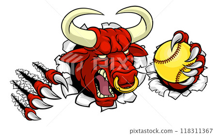 Bull Minotaur Longhorn Cow Softball Mascot Cartoon Bull Minotaur Longhorn Cow Softball Mascot Cartoon 118311367