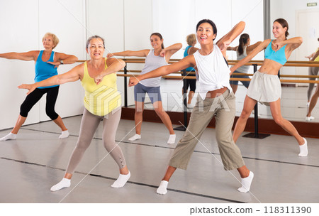 Group of dancers exercising modern dance movements in ball room Group of dancers exercising modern dance movements in ball room 118311390