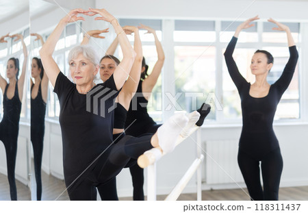 Senior female ballet dancer performing developpe at barre during rehearsal Senior female ballet dancer performing developpe at barre during rehearsal 118311437