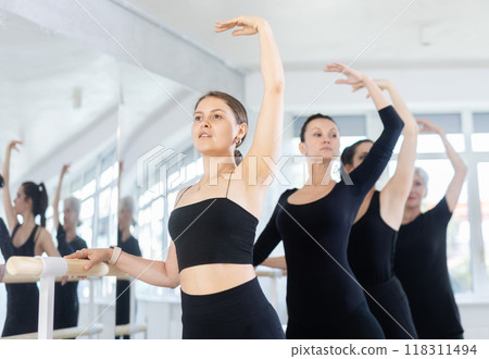 Group of women practicing at ballet barre 118311494