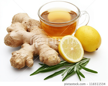 Isolated ginger root with its healing properties highlighted through tea, lemon, and herbs. Isolated ginger root with its healing properties highlighted through tea, lemon, and herbs. 118311534