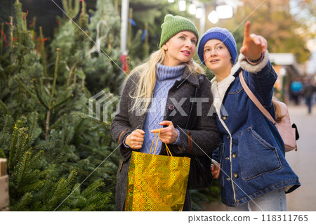 Happy mother and teenage daughter looking for Christmas tree on outdoor market 118311765