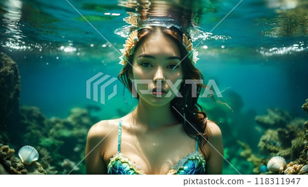 Model in aquatic themed lingerie underwater lighting effects oceanic blues and greens mermaid illusion 118311947