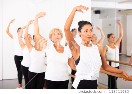 Women exercising ballet moves in training room 118311983