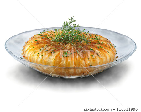 Onions caramelized and served with fresh thyme served on a transparent glass dish sweet Onions caramelized and served with fresh thyme served on a transparent glass dish sweet 118311996