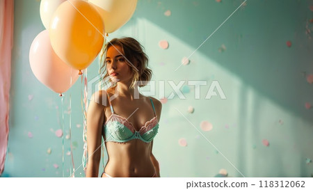 Inviting and warm lingerie model in bright studio wearing modern strappy lingerie set with playful 118312062