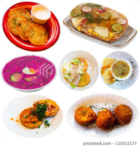 Collage of Belarusian dishes on white background Collage of Belarusian dishes on white background 118312173