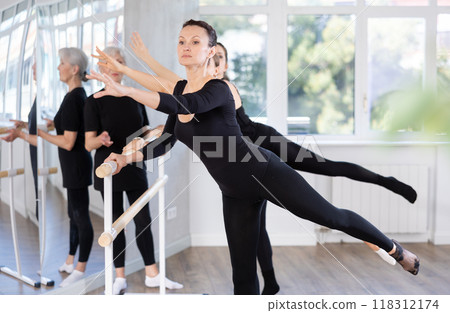 Group of people doing ballet exercises using barre in studio Group of people doing ballet exercises using barre in studio 118312174