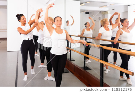 Various aged women exercising ballet moves with trainer Various aged women exercising ballet moves with trainer 118312176