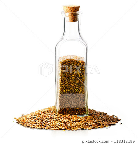 Flaxseed oil in a clear glass bottle with a sprinkle of flaxseeds on a transparent 118312199