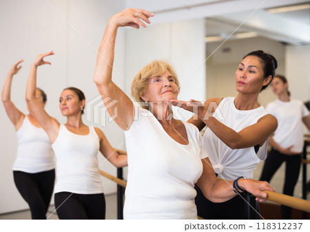 Women training ballet moves with trainer 118312237