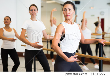 Dancing Asian woman perform demi plie near the ballet barre, standing in a ballet stance Dancing Asian woman perform demi plie near the ballet barre, standing in a ballet stance 118312270