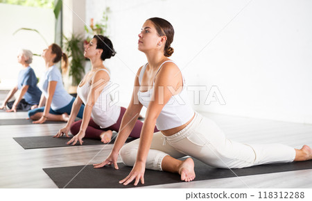 Group of sporty women practicing various yoga positions during training indoors. Focus on young calm female Group of sporty women practicing various yoga positions during training indoors. Focus on young calm female 118312288