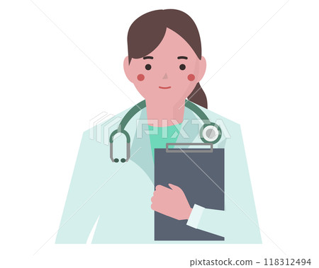 一名身穿白大褂的女子拿著病歷。一位微笑開朗的醫生。向量圖 一名身穿白大褂的女子拿著病歷。一位微笑開朗的醫生。向量圖 118312494