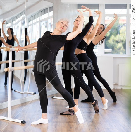 Group of women practicing at ballet barre 118312504