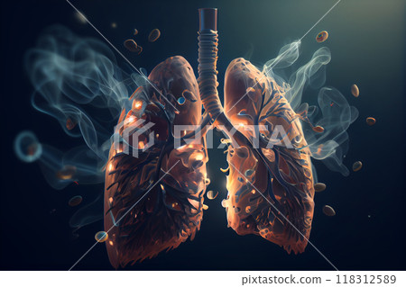 Image of a smoker's lungs on a dark background, medical concept, 3D illustration. Generative AI 118312589