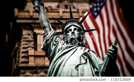 The Statue of Liberty and the American flag are symbols of freedom and democracy - Generative AI The Statue of Liberty and the American flag are symbols of freedom and democracy - Generative AI 118312609