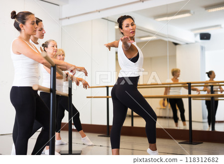 Ballet trainer showing dance moves to her students 118312682