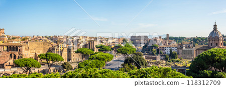 Forum Romanum and Coliseum view from the Capitoline Hill in Italy, Rome. Travel world Forum Romanum and Coliseum view from the Capitoline Hill in Italy, Rome. Travel world 118312709