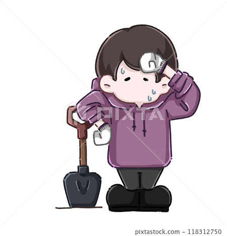 A man gets tired and sweaty after digging a hole A man gets tired and sweaty after digging a hole 118312750