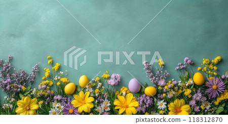 Flowers composition. Yellow and purple flowers on blue background. Easter, spring, summer concept. Flat lay, top view 118312870