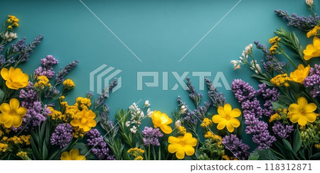 Flowers composition. Yellow and purple flowers on blue background. Easter, spring, summer concept. Flat lay, top view 118312871