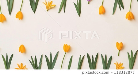 Flowers composition. Yellow and purple flowers on white background. Easter, spring, summer concept Flowers composition. Yellow and purple flowers on white background. Easter, spring, summer concept 118312875