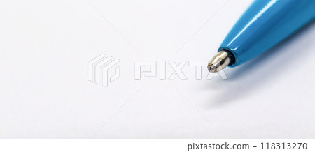 Top view of blue pen on wide white paper with customizable space for text or ideas. Copy space concept 118313270