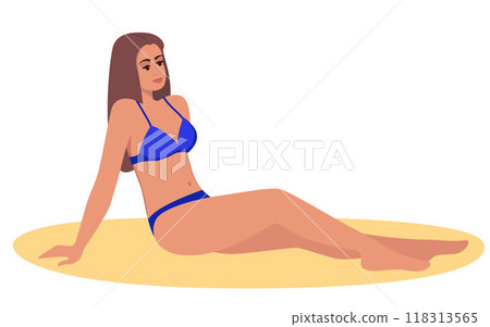 Woman dressed in swimsuit sunbathing on the beach. Girl lying on sand. Vector illustration. 118313565