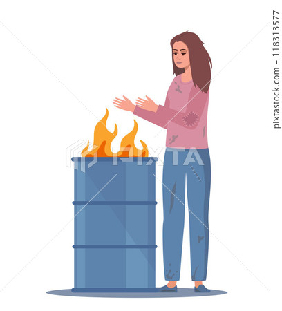 Sad Woman Beggar Warming Hands on Fire Burning in Metal Barrel, Female Character Wearing Ragged Clothing Living on Street, Homeless Poor Girl Bum Need Support, Help. Vector Illustration. Sad Woman Beggar Warming Hands on Fire Burning in Metal Barrel, Female Character Wearing Ragged Clothing Living on Street, Homeless Poor Girl Bum Need Support, Help. Vector Illustration. 118313577
