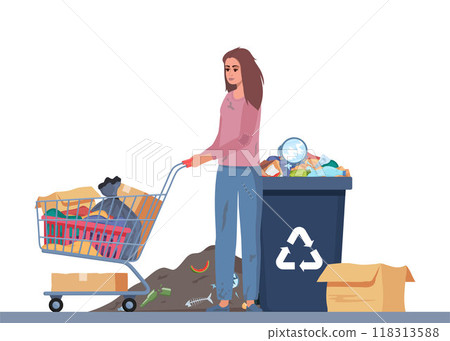 Homeless vagrant person looking for food and things in dirty trash can. Ragged vagabond. Homeless woman pushing trolley cart with belongings. Girl walking street begging for help. Beggar. Vector. 118313588