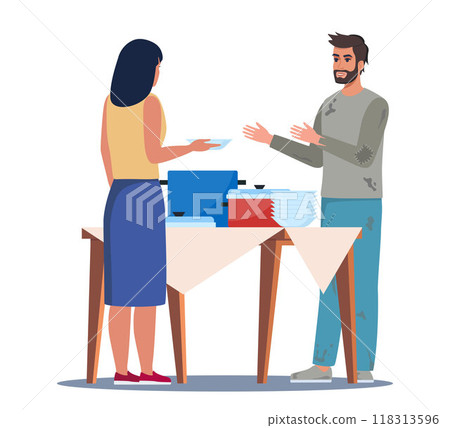 Homeless person receives food from volunteer from shelter for poor people who are unemployed. Volunteer at charity that provides lunch to homeless people. Vector illustration. Homeless person receives food from volunteer from shelter for poor people who are unemployed. Volunteer at charity that provides lunch to homeless people. Vector illustration. 118313596