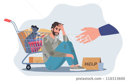 Hand reaching towards upset homeless man in ragged clothes sitting on ground. Person helping sad poor character. Poverty, support concept. Vector illustration. Hand reaching towards upset homeless man in ragged clothes sitting on ground. Person helping sad poor character. Poverty, support concept. Vector illustration. 118313600