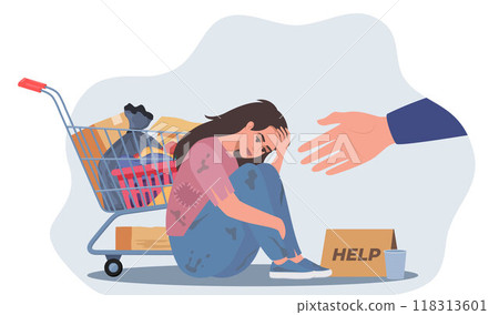 Hand reaching towards upset homeless woman in ragged clothes sitting on ground. Person helping sad poor character. Poverty, support concept. Vector illustration. Hand reaching towards upset homeless woman in ragged clothes sitting on ground. Person helping sad poor character. Poverty, support concept. Vector illustration. 118313601