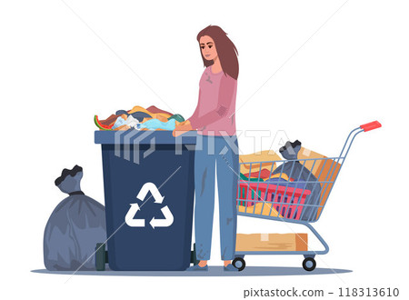 Homeless vagrant person looking for food and things in dirty trash can. Ragged vagabond. Homeless woman with trolley cart full of belongings. Girl walking street begging for help. Beggar. Vector. Homeless vagrant person looking for food and things in dirty trash can. Ragged vagabond. Homeless woman with trolley cart full of belongings. Girl walking street begging for help. Beggar. Vector. 118313610