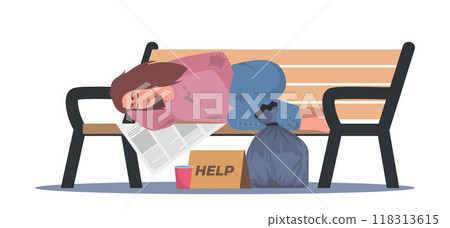 Poor bum female character in dirty ragged clothes sleeping on bench. Woman pauper live on street outdoors. Homeless people concept. Vector Illustration. Poor bum female character in dirty ragged clothes sleeping on bench. Woman pauper live on street outdoors. Homeless people concept. Vector Illustration. 118313615