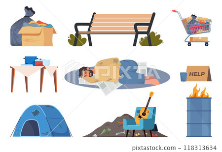 Homeless People live on the street, set of elements. Beggar character need help and work, sleeping on street, wearing ragged clothing, pick up garbage. Vector Illustration. 118313634